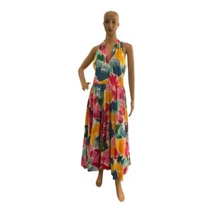 Women’s Multicolor Floral 1980’s Vintage Floral Print Halter Dress Size 12